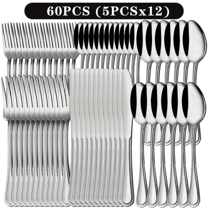 Stainless Steel Flatware Cutlery Set – Mirror Polished, Dishwasher Safe, Silver & Black Options, Service for 4 / 8 / 12 – Kitchen Utensil Set for Home, Restaurant & Wedding Gift