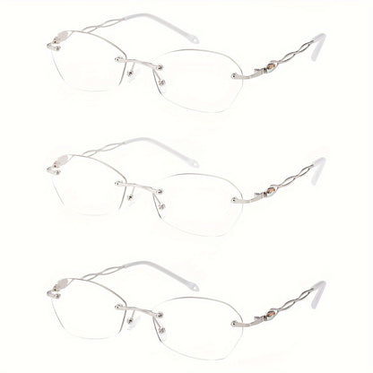 Rimless Reading Glasses for Women 3 Pack - Blue Light Blocking Lightweight Metal Frameless Readers with Anti Eyestrain Lenses, Multiple Colors and Magnifications 1.0X to 4.0X