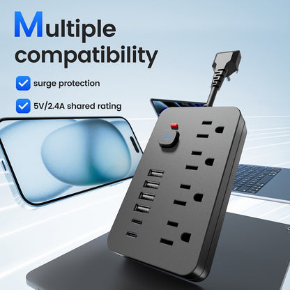 Outlet Extender Power Strip Wall Mountable 14-in-1 10-in-1 with 8 AC Outlets 6 USB Ports 2 USB-C One-Touch Control Switch Overload Protection Short Cord Design for Home Office School Den White Black