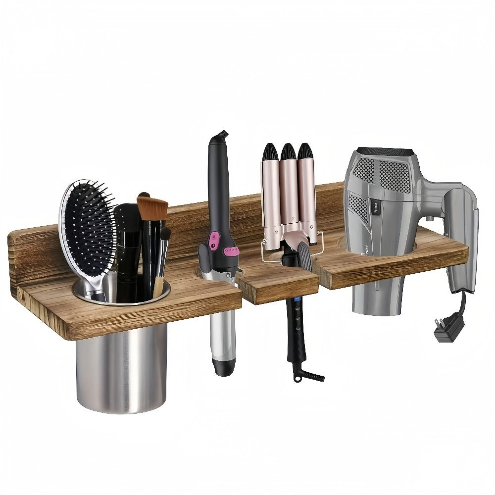 Wall Mounted Hair Tool Organizer – Wooden Hair Dryer Holder & Storage Rack for Curling Iron, Straightener & Brushes, Rustic Bathroom Salon Shelf (Brown & Black)