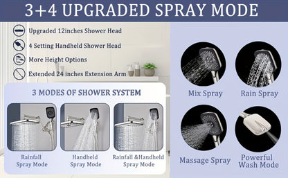 Rain Shower Head with Handheld Combo 12 Inch High Pressure Rainfall Showerhead Set – 4-Function Spray, 3-Way Diverter, 2-Stage Extension Arm & 71" Hose, Matte Black / Chrome / Brushed Nickel