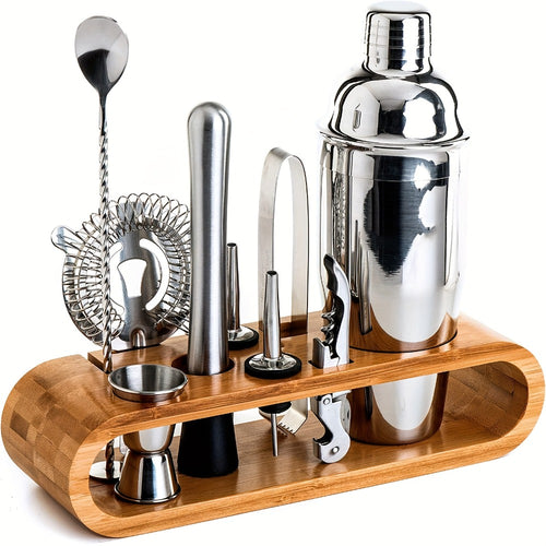 Bartender Kit 10 Piece Stainless Steel Bar Tool Set with Bamboo Stand Cocktail Shaker Mixing Spoon Strainer Jigger Home Bar Accessories Perfect Housewarming Gift for Fathers Day