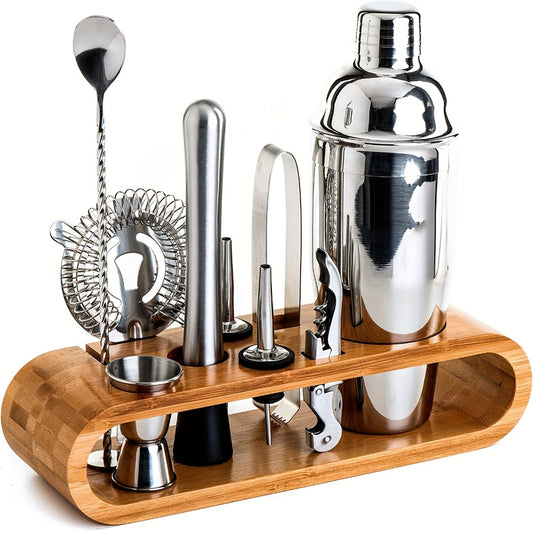 Bartender Kit 10 Piece Stainless Steel Bar Tool Set with Bamboo Stand Cocktail Shaker Mixing Spoon Strainer Jigger Home Bar Accessories Perfect Housewarming Gift for Fathers Day