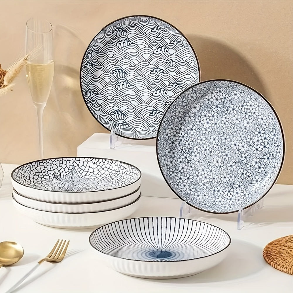 Japanese Ceramic Plates Set of 4 – Floral Yamada Pattern Dinnerware, 7-Inch Round Serving Plates with Non-Slip Edge, Underglaze Color, Nordic Style Steak & Salad Dish