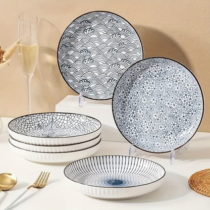 Japanese Ceramic Plates Set of 4 – Floral Yamada Pattern Dinnerware, 7-Inch Round Serving Plates with Non-Slip Edge, Underglaze Color, Nordic Style Steak & Salad Dish