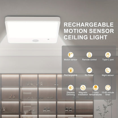 Wireless LED Ceiling Light Motion Sensor Rechargeable Battery Powered 3 Color Temperatures Remote Control No Wiring Closet Light for Bathroom Staircase Garage Hallway Kitchen Pantry White 1 or 2pcs