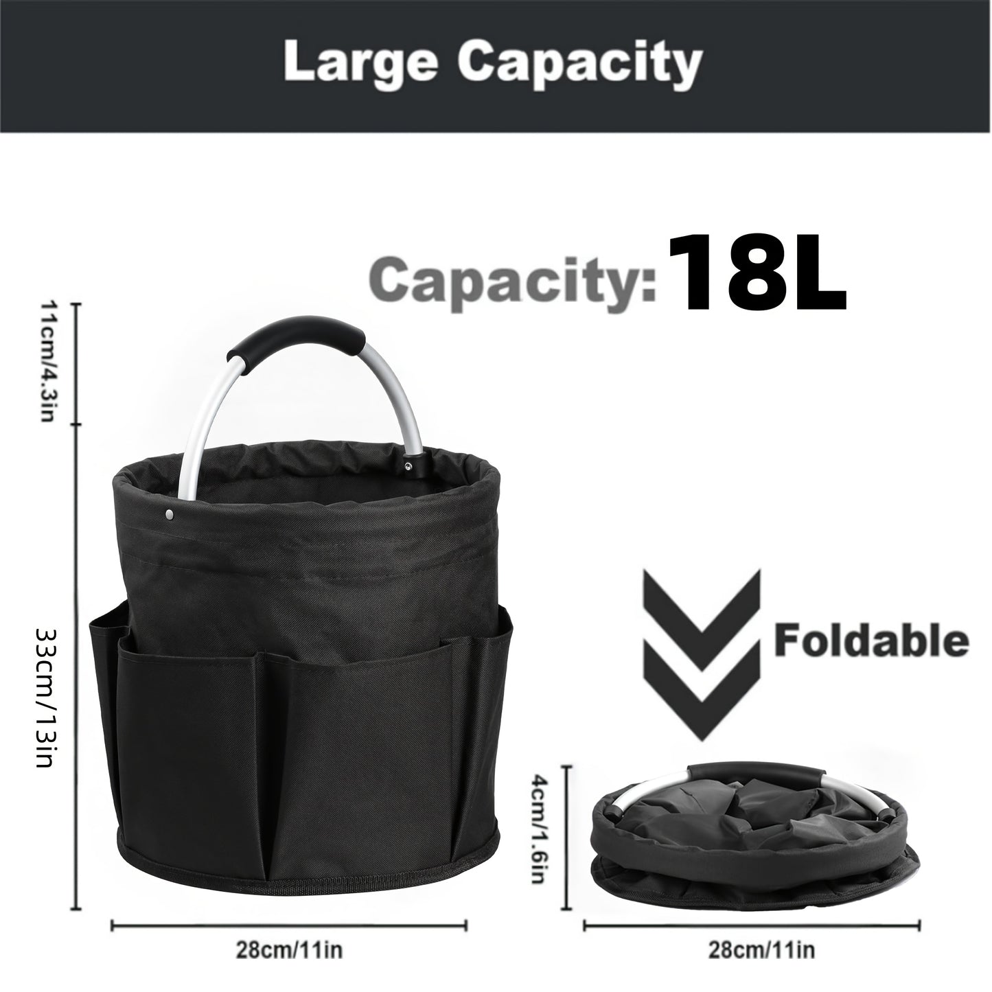 Foldable Cleaning Caddy Organizer 17L with Handle – Portable Collapsible Bucket Bag with 6 Pockets for Cleaning Supplies, Toiletries & Garden Tools, Multi-Purpose Home Travel Basket