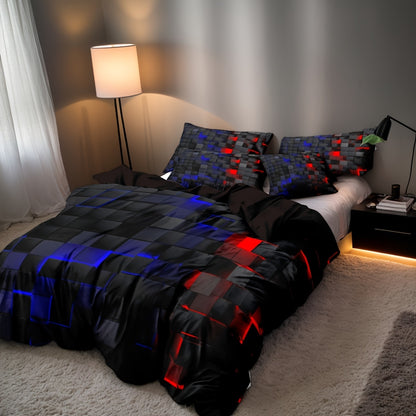 Duvet Cover Set Queen King Twin Full 3D Geometric Cube Print | 3-Piece Polyester Bedding Set | Black Blue Grid Pattern | All-Season Soft Quilt Cover + 2 Pillowcases | Machine Washable