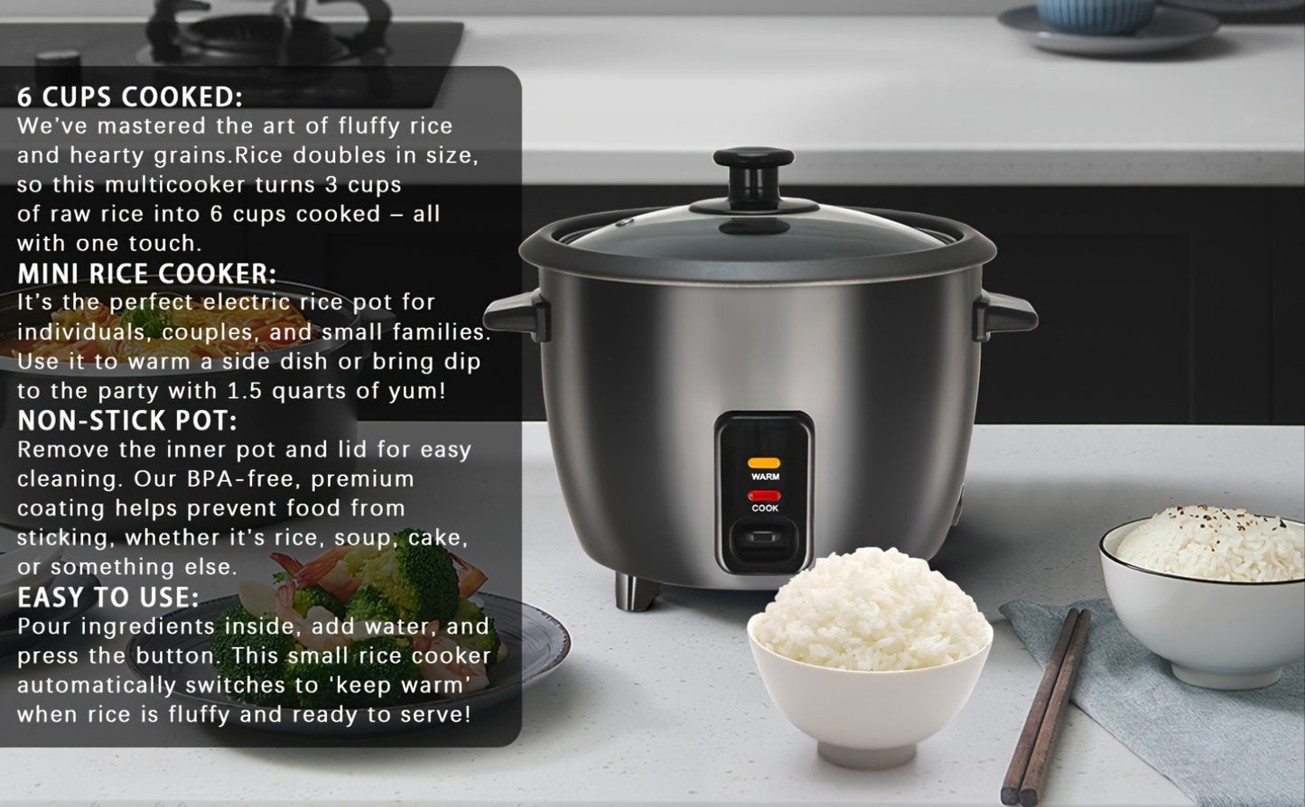 Rice Cooker & Yogurt Maker 1.5Qt – 6-Cup Non-Stick Electric Rice Cooker with Auto Keep Warm, One-Touch, Stainless Steel Liner, Steamer for Rice, Oatmeal, Soup & Yogurt