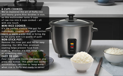 Rice Cooker & Yogurt Maker 1.5Qt – 6-Cup Non-Stick Electric Rice Cooker with Auto Keep Warm, One-Touch, Stainless Steel Liner, Steamer for Rice, Oatmeal, Soup & Yogurt