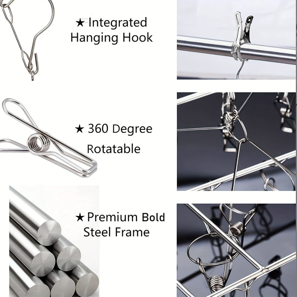 Clothes Drying Rack with Clips Stainless Steel Laundry Hanger Windproof Skidproof Multi-Clip Sock Underwear Dryer for Home Bedroom Balcony – 30/40/50 Clips