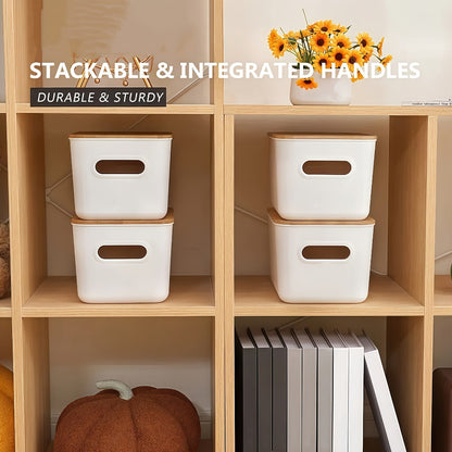 Plastic Storage Bins with Wood Lids Stackable Organizer with Handle and Labels for Home Office Kitchen Bedroom Closet Playroom 1 2 4 8 Pack