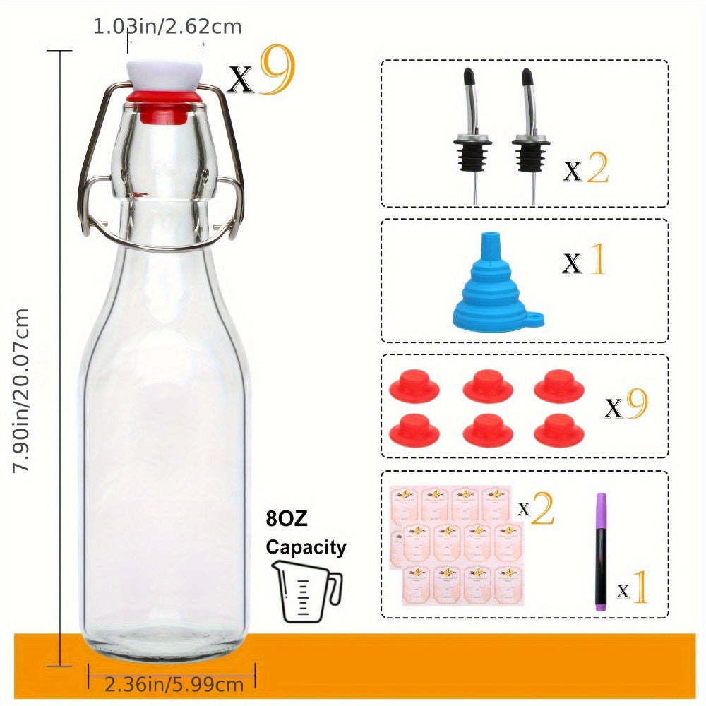 Glass Swing Top Bottles 8.45oz – Round Iron Clasp Airtight Bottle Set with Funnel for Juice, Kombucha, Syrup & Oil Storage, Reusable Flip Cap Glass Bottles (6, 9, 12 or 18 Pack)