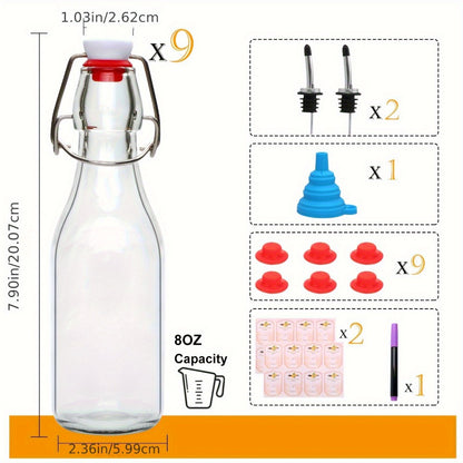 Glass Swing Top Bottles 8.45oz – Round Iron Clasp Airtight Bottle Set with Funnel for Juice, Kombucha, Syrup & Oil Storage, Reusable Flip Cap Glass Bottles (6, 9, 12 or 18 Pack)