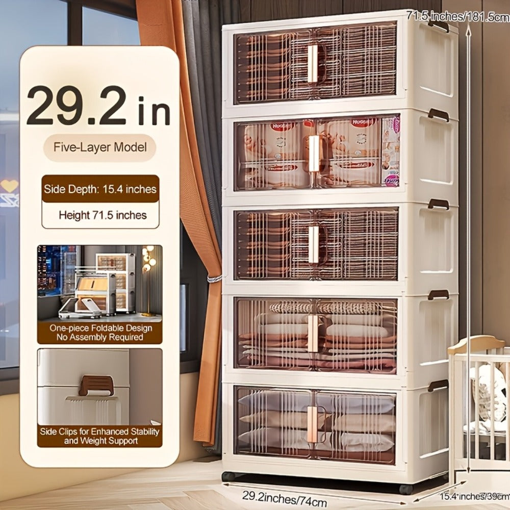 Folding Storage Cabinet with Wheels, 3/4/5-Tier Stackable Plastic Storage Bins with Lids & Magnetic Doors, Foldable Large Organizer with 360° Lockable Wheels for Home Office Kitchen Bathroom Garage