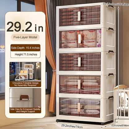 Folding Storage Cabinet with Wheels, 3/4/5-Tier Stackable Plastic Storage Bins with Lids & Magnetic Doors, Foldable Large Organizer with 360° Lockable Wheels for Home Office Kitchen Bathroom Garage