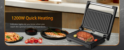 Panini Press Sandwich Maker 1200W, Non-Stick Cast Aluminum Grill with 180-Degree Opening, 2-Slice Panini Maker with Indicator Lights, Even Heat Distribution for Sandwiches Steaks Waffles