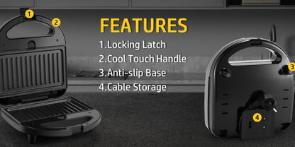 OSTBA 3-in-1 Sandwich Maker Panini Press Waffle Iron 750W Removable Non-Stick Plates for Breakfast Sandwiches Grilled Cheese Waffles Steak BBQ Black