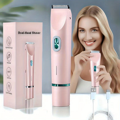 Bikini Trimmer for Women 2-in-1 Dual Head Electric Shaver - IP67 Waterproof Wet Dry Body Hair Remover for Bikini Area Underarms Legs Arms Face, USB Rechargeable Long Battery Life, Ergonomic Grip