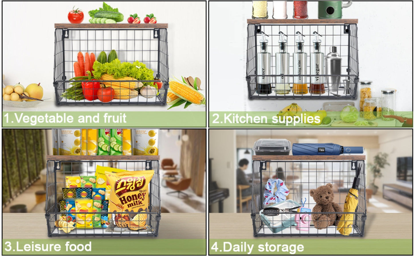 Stackable Metal Wire Fruit Basket with Lid – 1 or 2-Tier Hanging Kitchen Pantry Storage Bin, Wall-Mounted or Countertop Vegetable Organizer for Potato, Onion & Produce, Black