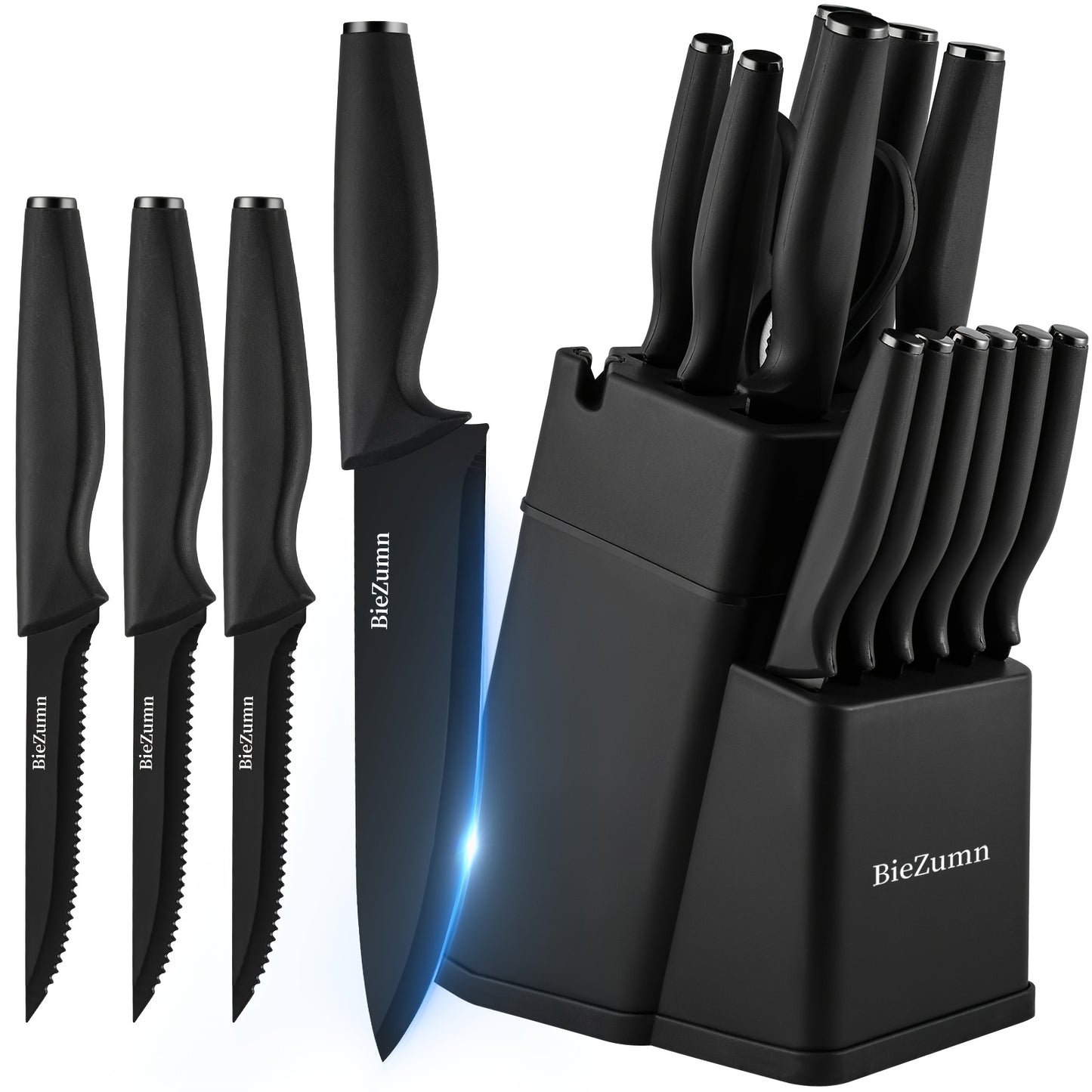 Kitchen Knife Set – 3-Piece & 14-Piece Multi-Purpose Chef’s Knife, Steak Knife, Fruit Knife & Scissors with Storage Block, Black