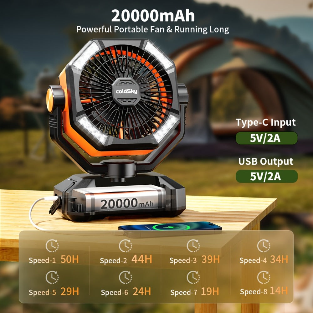 Camping Fan Battery Powered 20000mAh, Dual Motor 8-Speed Portable Tent Fan with Remote Control, 4 LED Lanterns and Hanging Hook, Rechargeable Outdoor Fan for Camping, Power Outage, Construction Site