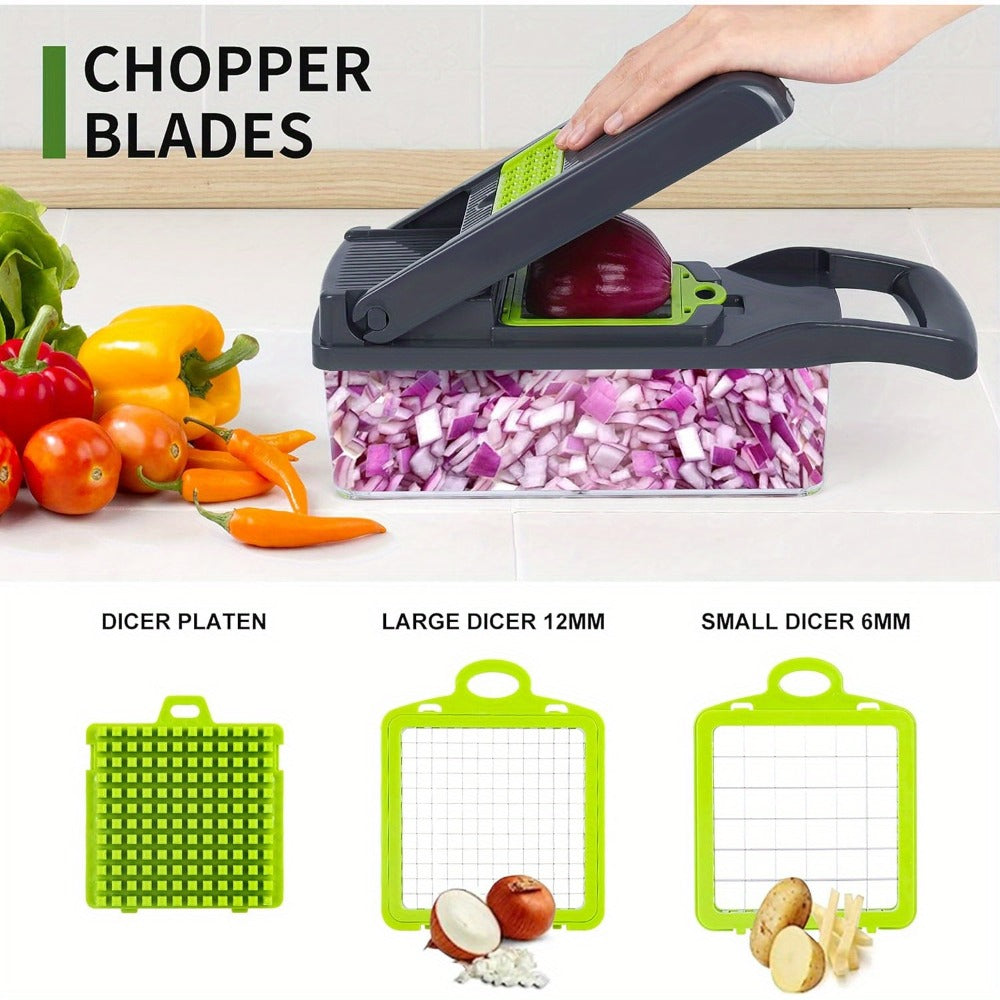 Vegetable Chopper 16-in-1 Manual Food Chopper Set – 8 Interchangeable Blades with Container, Grater & Strainer – Professional Onion Slicer & Dicer for Carrots, Garlic & Salad Kitchen Prep