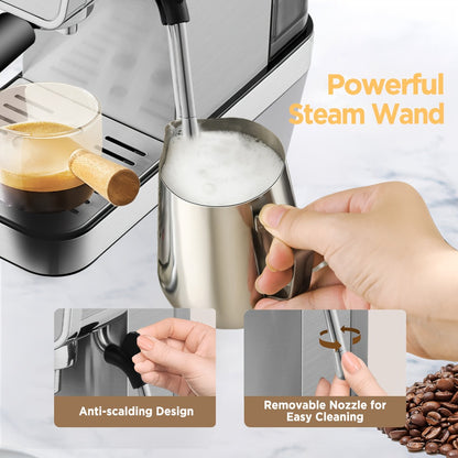 Espresso Machine 20 Bar with Steam Milk Frother | Compact Stainless Steel Espresso Maker | 40oz Removable Water Tank | Cappuccino Latte Coffee Machine for Home & Office | Model AZ-EM1502