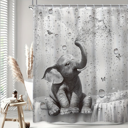 Shower Curtain Set Funny Elephant Bathroom Decor with Hooks Anti-Slip Floor Mat Toilet U-Shaped Mat African Wildlife Bath Decor Gray