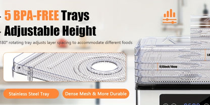 Food Dehydrator Machine 5 Stainless Steel Trays 420W with 48-Hour Timer Temperature Control 95-160°F 360° Airflow BPA-Free Dehydrator for Jerky Herbs Meat Fruit Mushrooms with Recipe Book