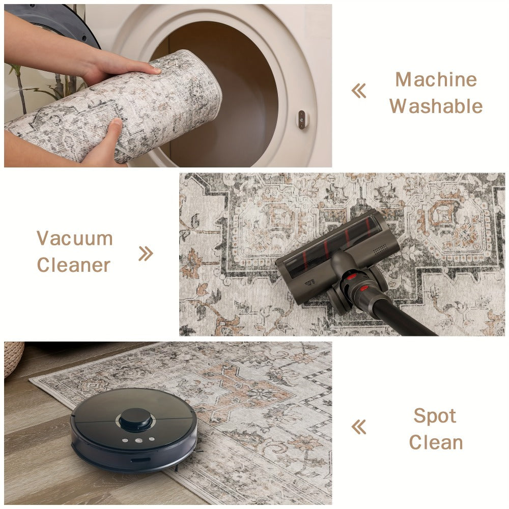 Runner Rug Machine Washable Non-Slip Vintage Hallway Area Rug Low Pile Lightweight Boho Floral for Entryway Kitchen Corridor Light Taupe Brown