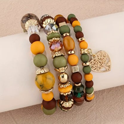 Bohemian Beaded Bracelet Set 24pcs – Multi-Layer Wooden Bead Elastic Bracelets with Butterfly Elephant Tree Pendant, Handmade Colorful Tassel Wristbands for Women Men, Party Gift & Daily Wear