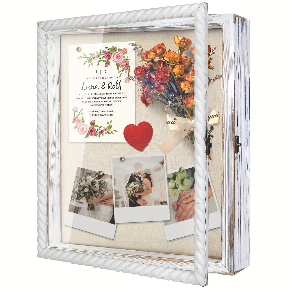 Shadow Box Frame with Linen Back – Large Rustic Memory Display Case 11x14 & 12x16 Inch for Photos, Medals, Coins, Pins, Flowers & Collectibles, 4 Removable Shelves, Black White Brown