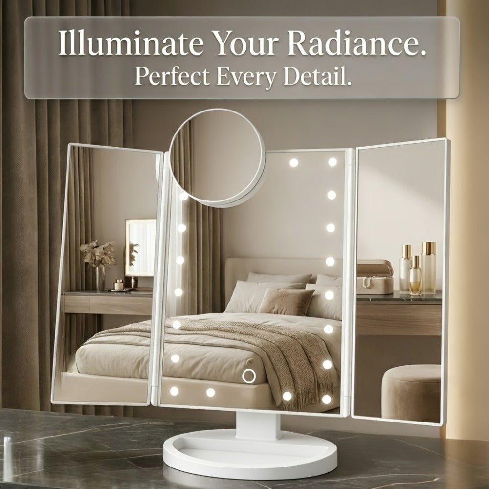 LED Tri-Fold Makeup Mirror with Touch Screen – 1X/2X/3X/10X Magnifying Vanity Mirror, Flexible Adjustable Base, Lighted Travel Mirror for Makeup Desk, Bedroom & Bathroom | Gift for Women