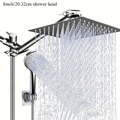 High Pressure Shower Head Combo with Handheld Shower Wall Mounted 9 Spray Settings Rainfall Shower System Adjustable Angle Leakproof with Hose for Modern Bathroom Chrome Matte Black