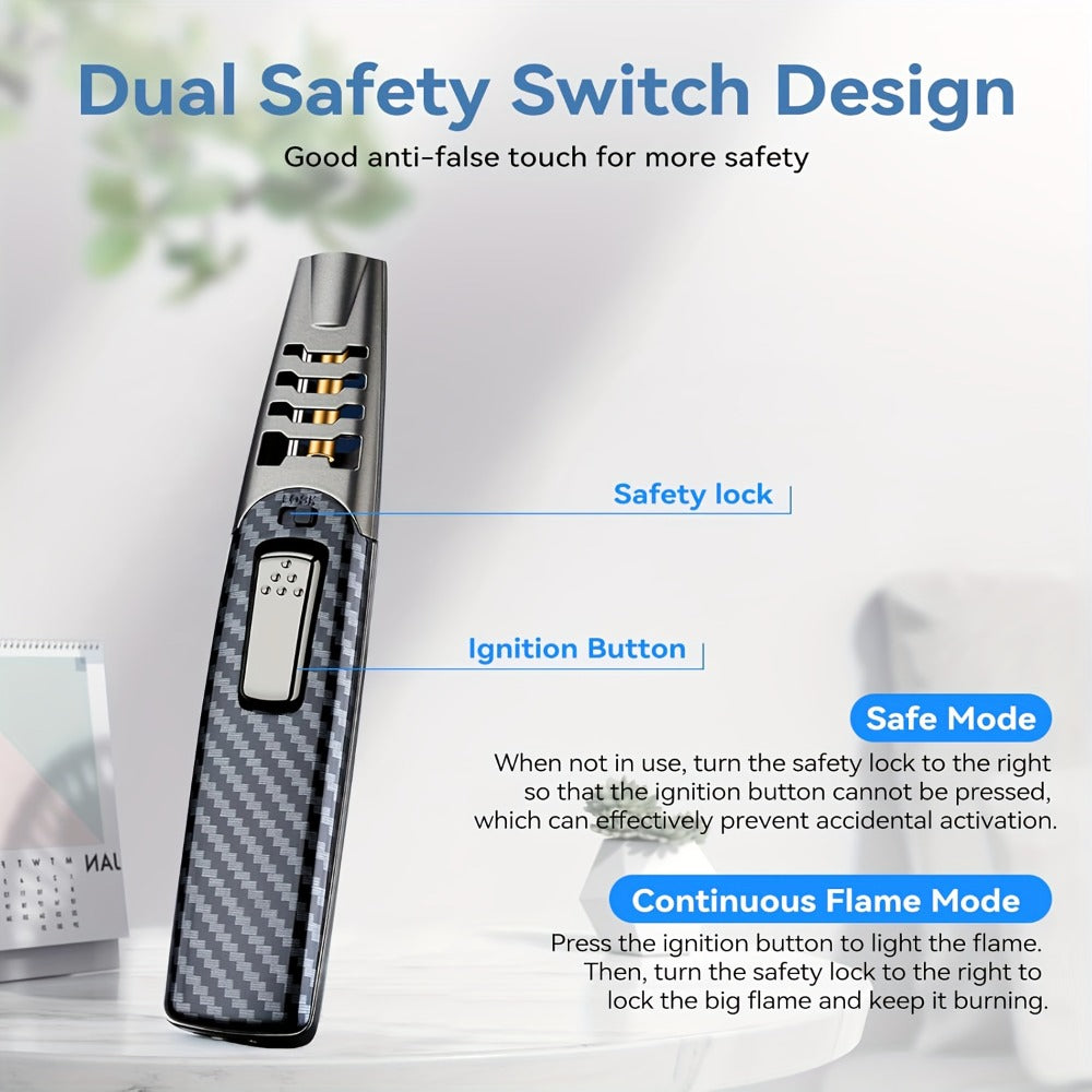Kitchen Torch Lighter Carbon Fiber Windproof, Adjustable High-Temperature Flame with Safety Lock, Refillable Butane Culinary Torch for Baking, Creme Brulee, Caramel, Welding & Outdoor Use – Black & Gray (Butane Not Included)