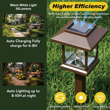Solar Pathway Lights Outdoor Edison Style LED – Up to 12 Hours Auto On/Off IP44 Waterproof | Warm White Solar Garden Lights for Yard, Driveway & Walkway | Black & Brown Upgraded Stake Lights