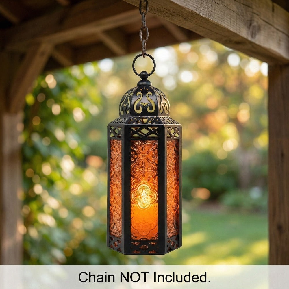 Moroccan Candle Lantern Holder - Decorative Metal & Glass Lantern with Embossed Floral Design for Indoor Home Decor, Garden, Patio, Weddings, Ramadan, Halloween & Holiday Celebrations - 10.5" Tall Medium Size