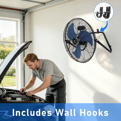 Industrial Floor Fan High Velocity 9 & 20 Inch – Metal Construction & Blades, 3-Speed Heavy Duty Fan for Industrial, Commercial & Garage Use | Silver, Black & Blue