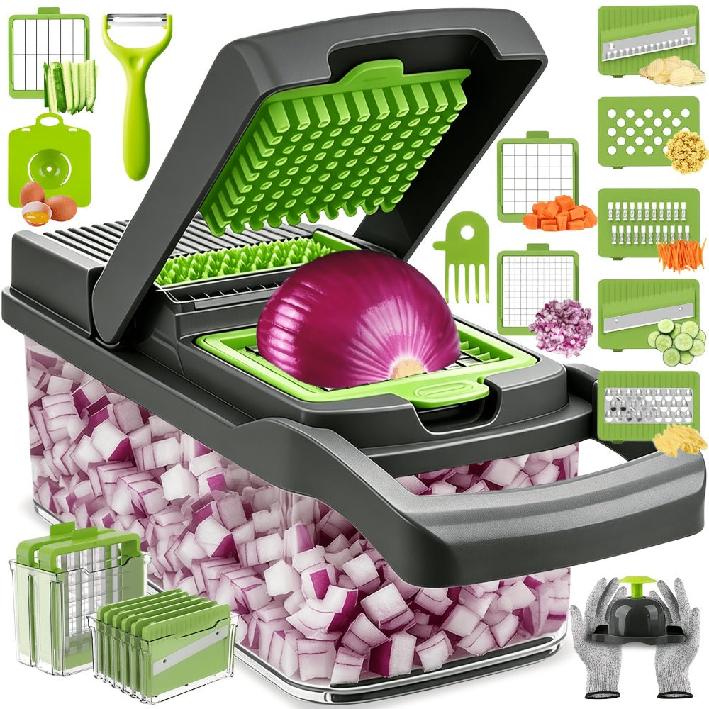 Vegetable Chopper 18-in-1 Multifunctional Food Chopper & Mandoline Slicer with Container – Onion Dicer, Adjustable Cutter for Kitchen Meal Prep, Gray