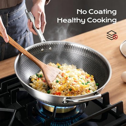 Stainless Steel Wok Set 13.3 Inch Non-stick Honeycomb Design with Lid & 2 Cookware Accessories – Induction Compatible Cooking Pan for Electric Ceramic Gas Stove, Dishwasher Safe