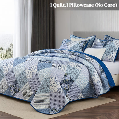 Quilt Set 2 3 Piece Lightweight Floral Patchwork Coverlet Bedding Set with Pillow Shams, Boho Quilted Bedspread for Twin Full Queen King, All Season Soft Cozy Bed Cover Green Blue Pink Grey