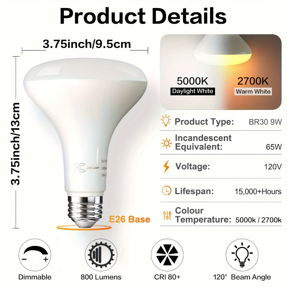BR30 LED Flood Light Bulbs Dimmable 9W = 65W Equivalent 800 Lumens E26 Base CRI 80+ Recessed Light Bulbs for Ceiling Kitchen – 2700K Soft White or 5000K Daylight – Available in 6-Pack & 24-Pack