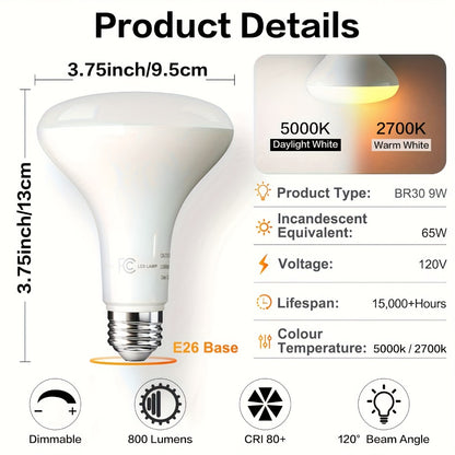 BR30 LED Flood Light Bulbs Dimmable 9W = 65W Equivalent 800 Lumens E26 Base CRI 80+ Recessed Light Bulbs for Ceiling Kitchen – 2700K Soft White or 5000K Daylight – Available in 6-Pack & 24-Pack