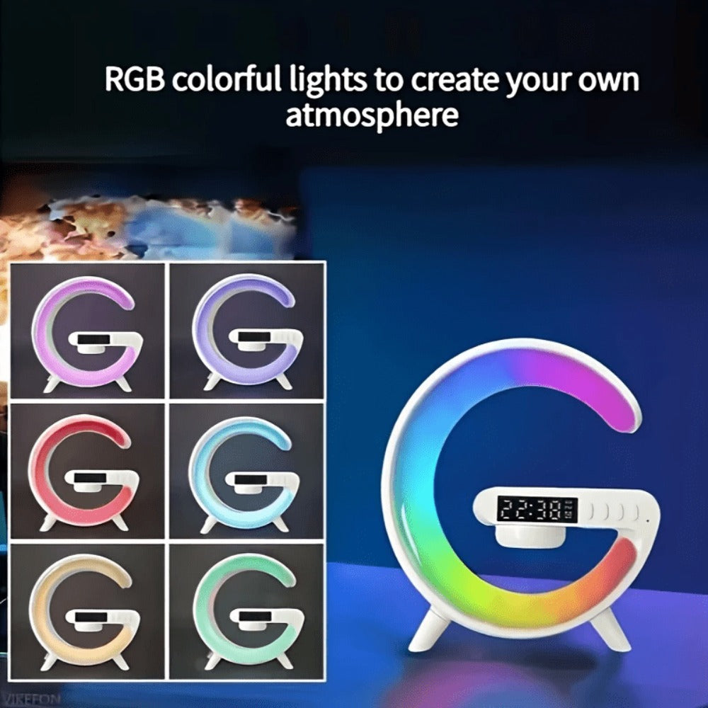 Wireless Charger with RGB Night Light – 4-in-1 Bluetooth Speaker Alarm Clock Wake Up Light, 256 RGB Colors, Qi Fast Charging for iPhone Samsung, Bedside Nightstand Lamp