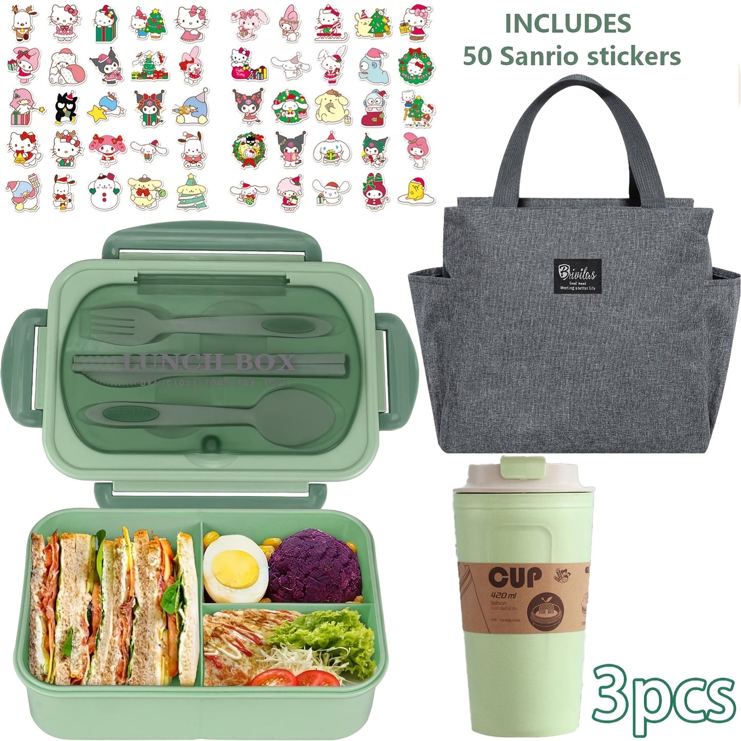 Sanrio Lunch Box Set 53pcs Bento Box with Thermal Bag Breakfast Cup Portable Sealed Compartment Microwave Dishwasher Safe for Work Picnic School