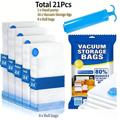 Vacuum Storage Bags with Air Pump, 20-21 Pack Reusable Compression Bags for Clothes, Quilts & Blankets — 4 Sizes Space-Saving Storage for Travel, Moving & Organizing | Transparent