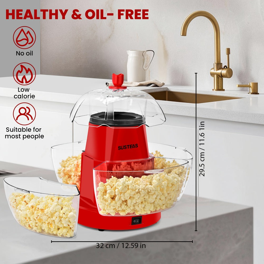 Hot Air Popcorn Maker with 4 Bowls – Oil-Free Electric Popcorn Machine 95% Pop Rate Ready in 3 Min | Portable Popcorn Popper for Movie Night Family Gatherings Parties Home Theater Kitchen Use Red