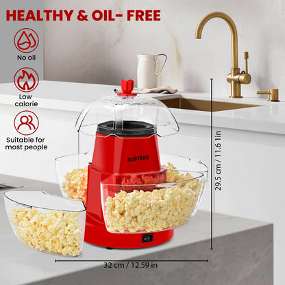Hot Air Popcorn Maker with 4 Bowls – Oil-Free Electric Popcorn Machine 95% Pop Rate Ready in 3 Min | Portable Popcorn Popper for Movie Night Family Gatherings Parties Home Theater Kitchen Use Red
