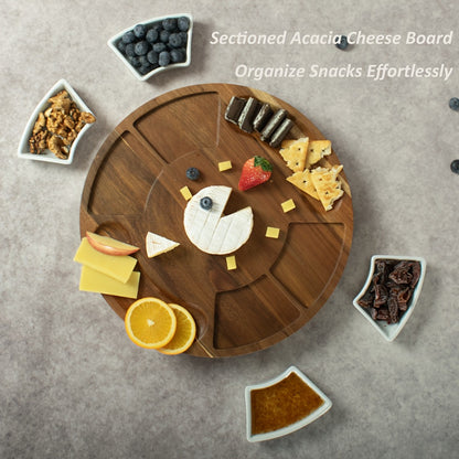 Acacia Wood Charcuterie Board Set Circular Cheese Board with Drawer Knife Set & Ceramic Bowls | Premium Serving Platter Gift Set for Housewarming Bridal Shower Wedding Birthday Women 13x13 Inch